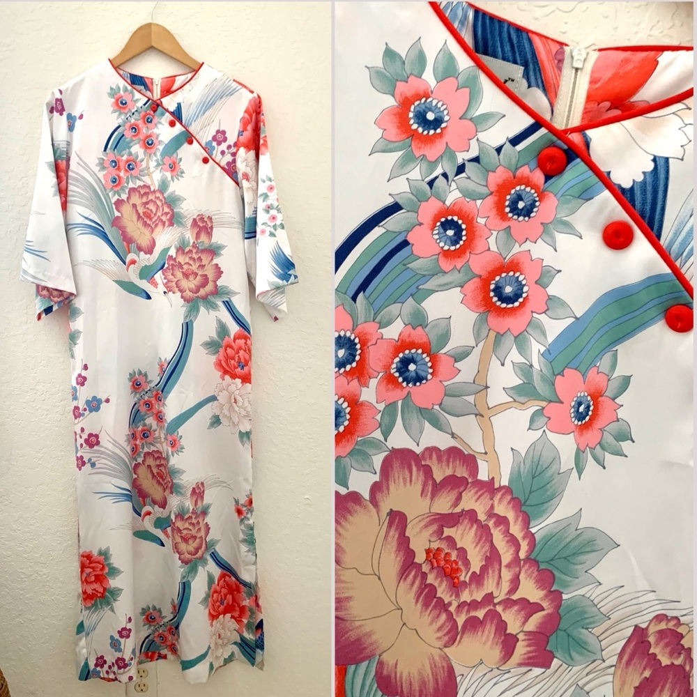 Tori Richard VTG Hummingbird Sateen Caftan Dress